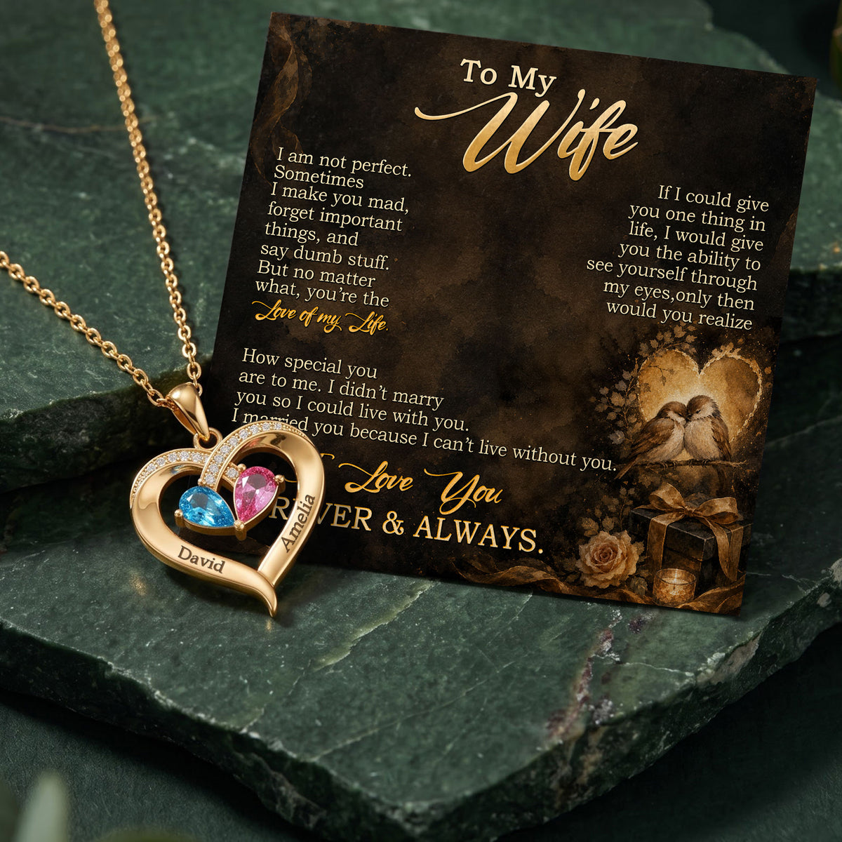 To My Wife - Birthstone Heart Necklace