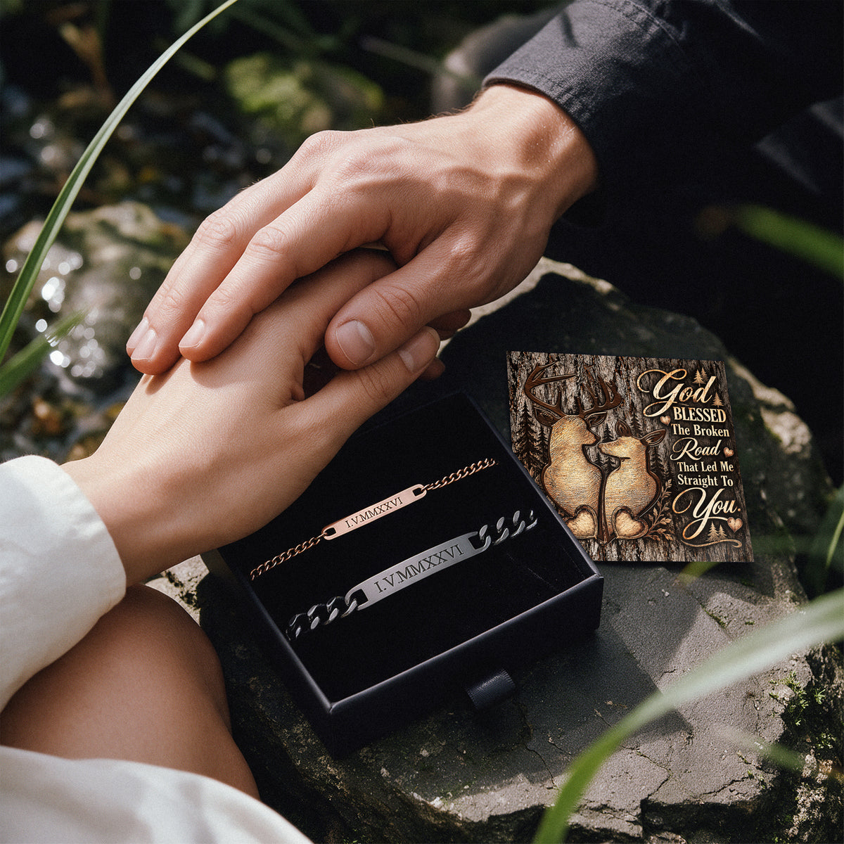 God Blessed Deer Engraved Couples Bracelets