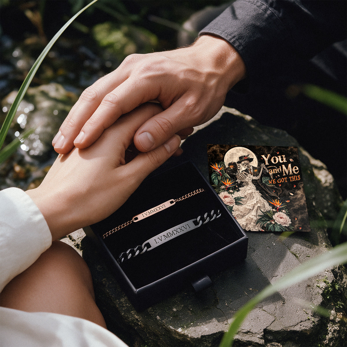 You And Me Skeleton Engraved Couples Bracelets