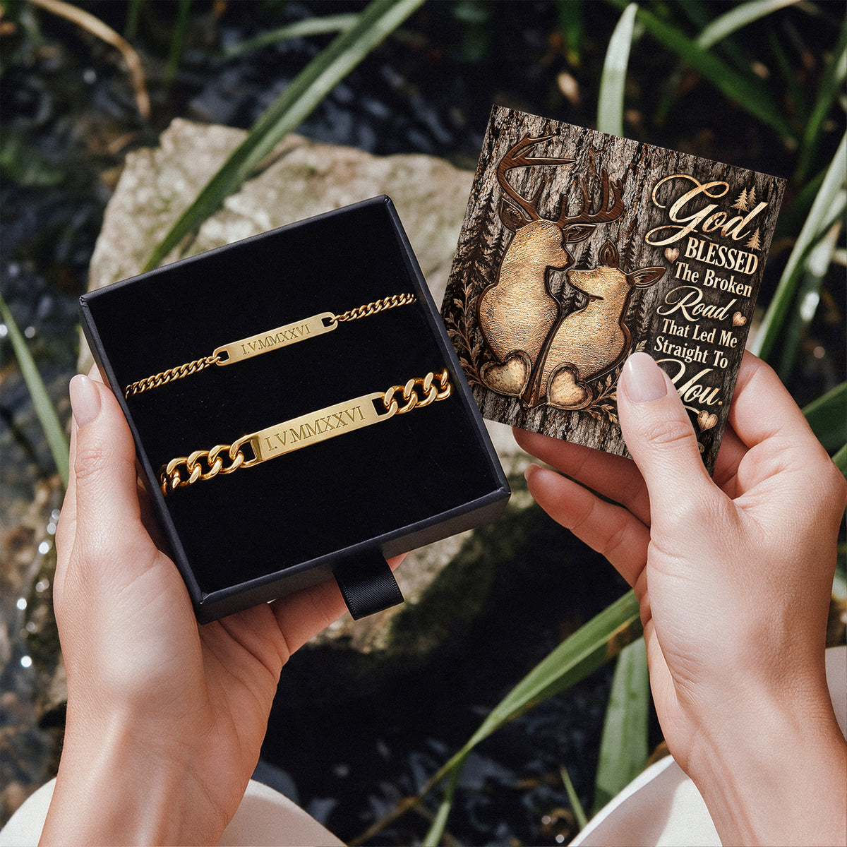 God Blessed Deer Engraved Couples Bracelets
