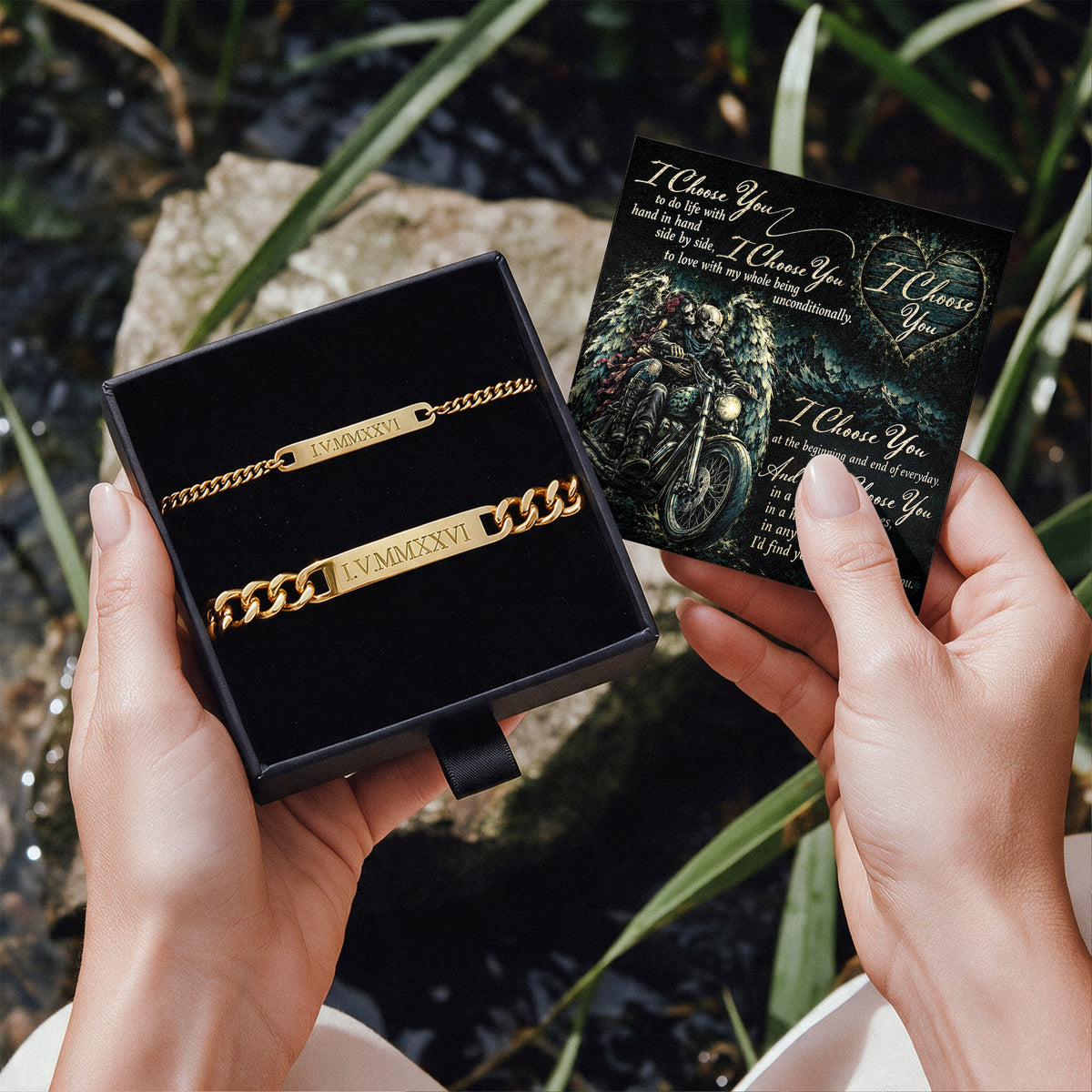 I Choose You Biker Skeleton Engraved Couples Bracelets