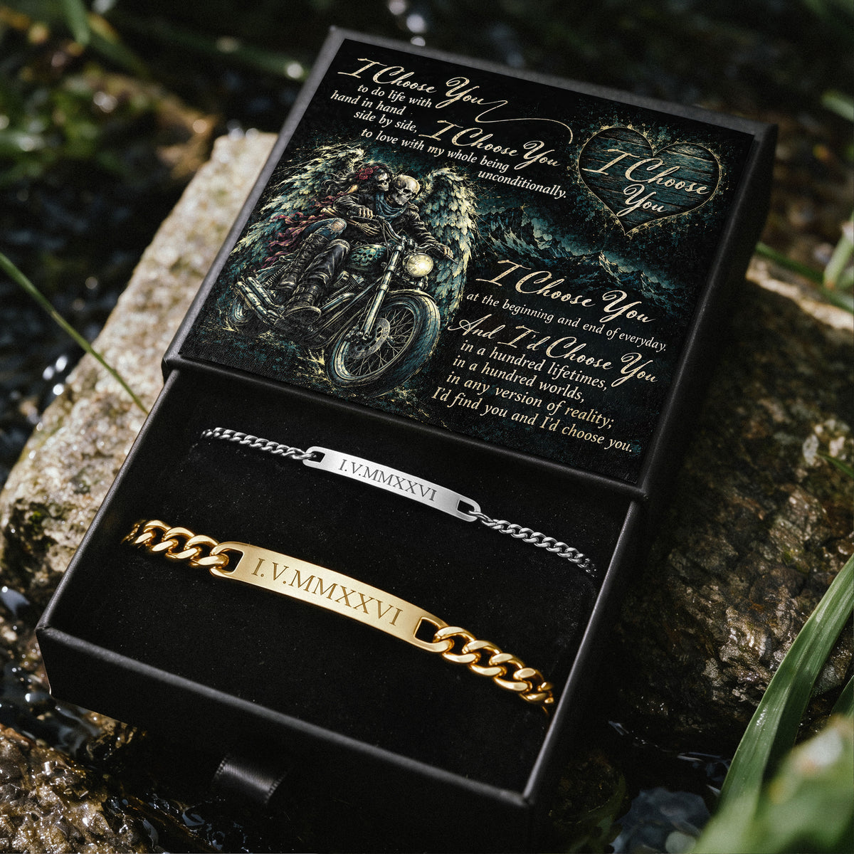 I Choose You Biker Skeleton Engraved Couples Bracelets