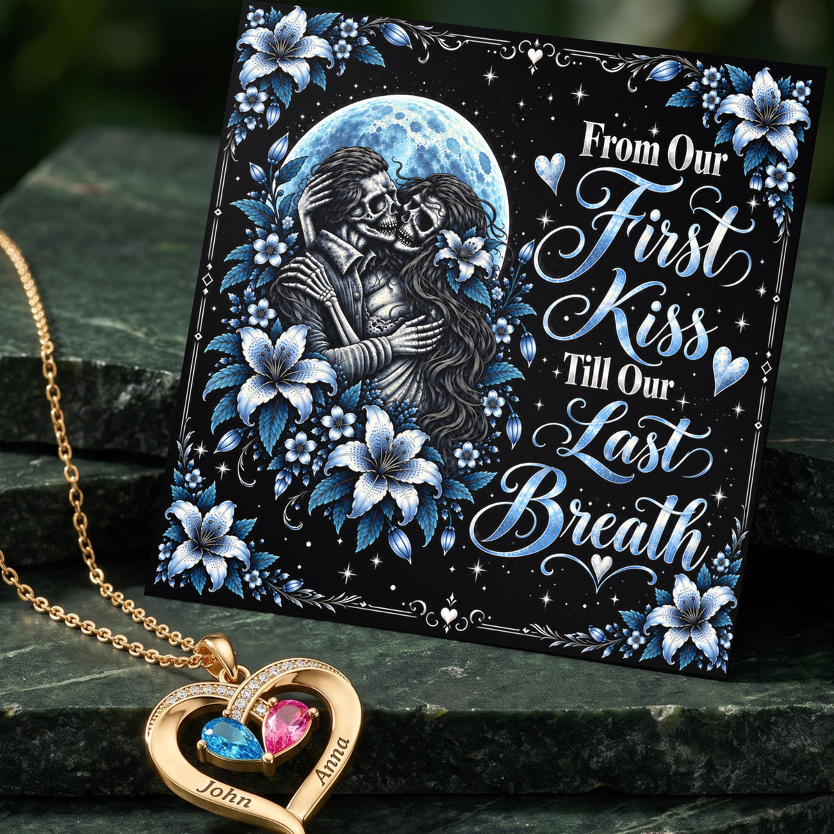 From Our First Kiss Skeleton Birthstone Heart Necklace