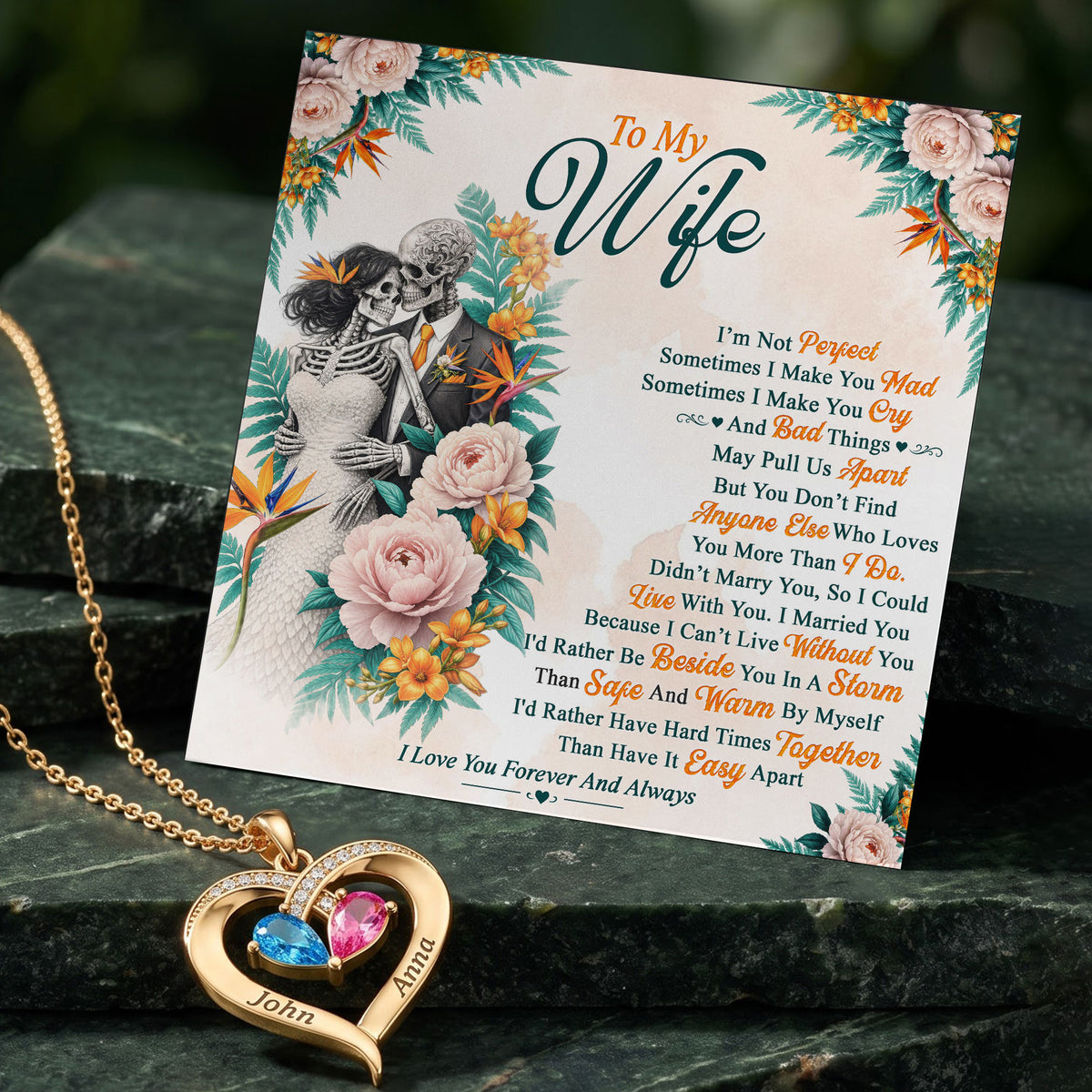 Love You Forever Skeleton Birthstone Heart Necklace