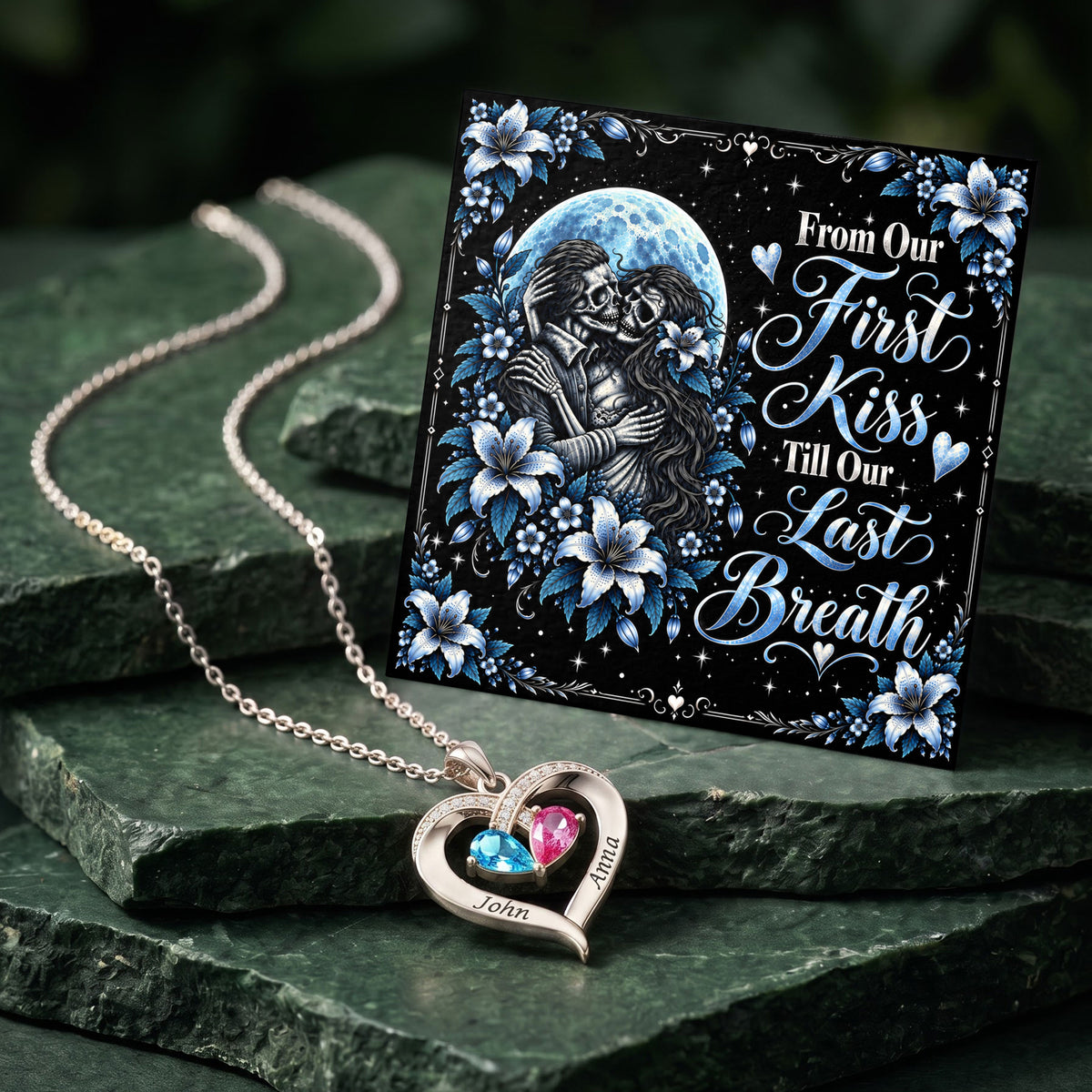 From Our First Kiss Skeleton Birthstone Heart Necklace