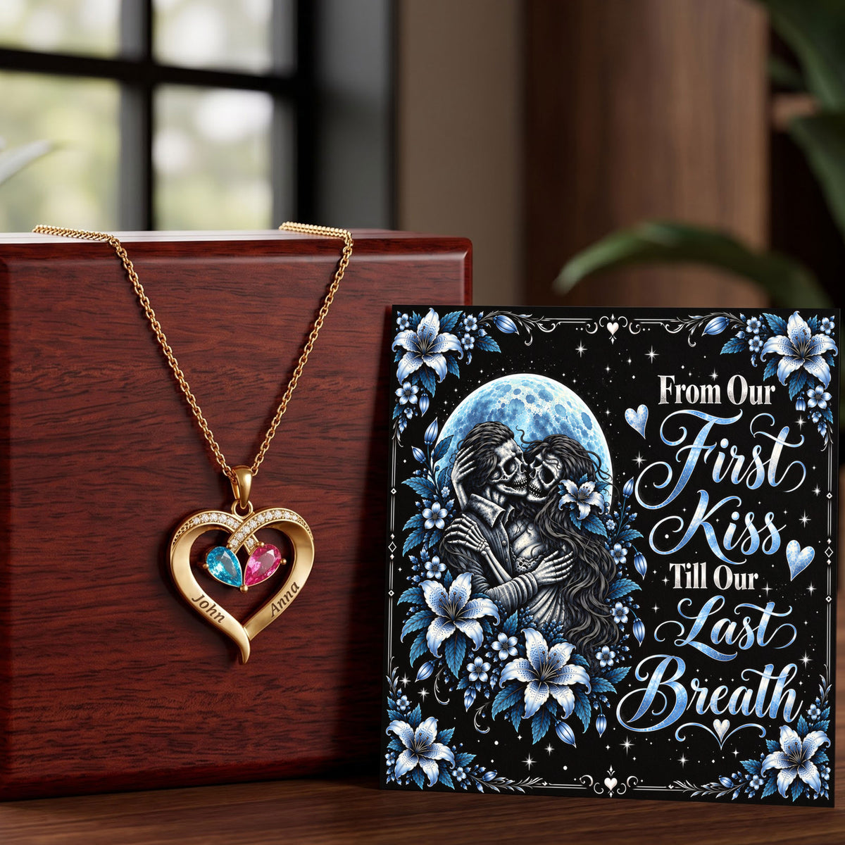 From Our First Kiss Skeleton Birthstone Heart Necklace