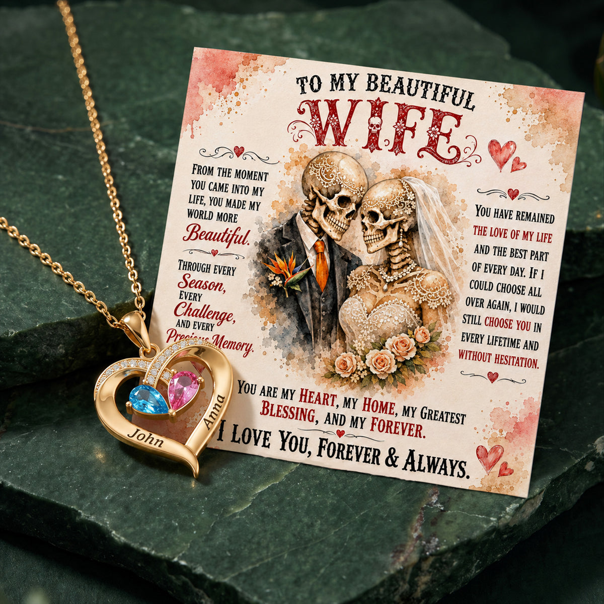 You Are My Heart Skeleton Birthstone Heart Necklace