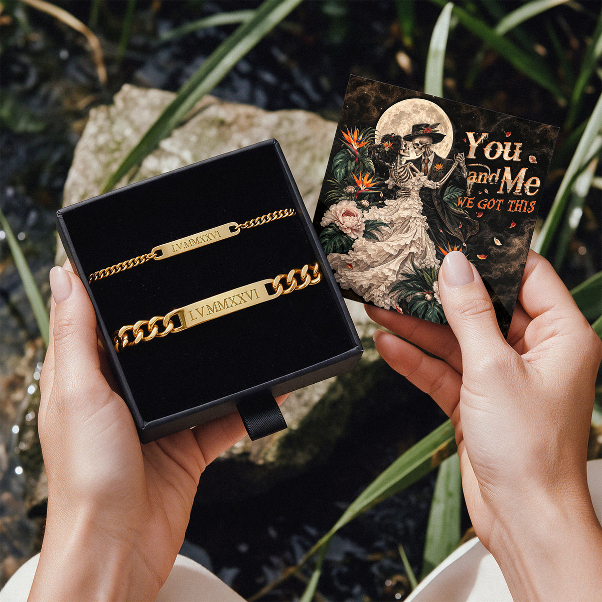 You And Me Skeleton Engraved Couples Bracelets