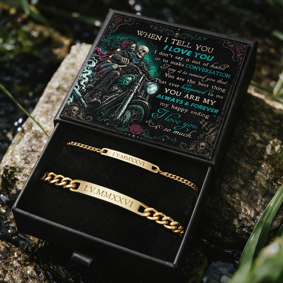 When I Tell You Biker Skeleton Engraved Couples Bracelets