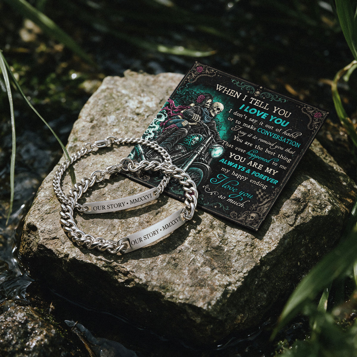 When I Tell You Biker Skeleton Engraved Couples Bracelets