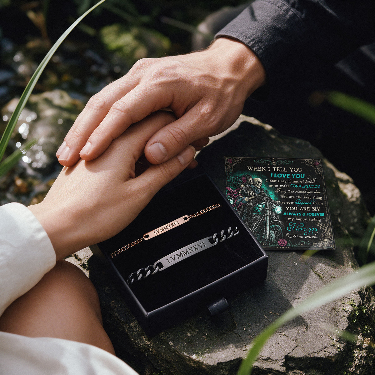 When I Tell You Biker Skeleton Engraved Couples Bracelets