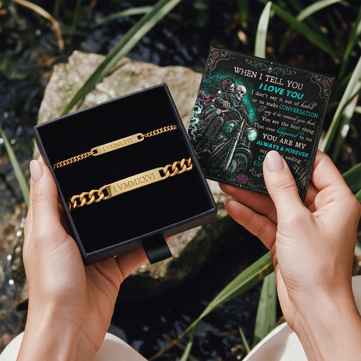When I Tell You Biker Skeleton Engraved Couples Bracelets