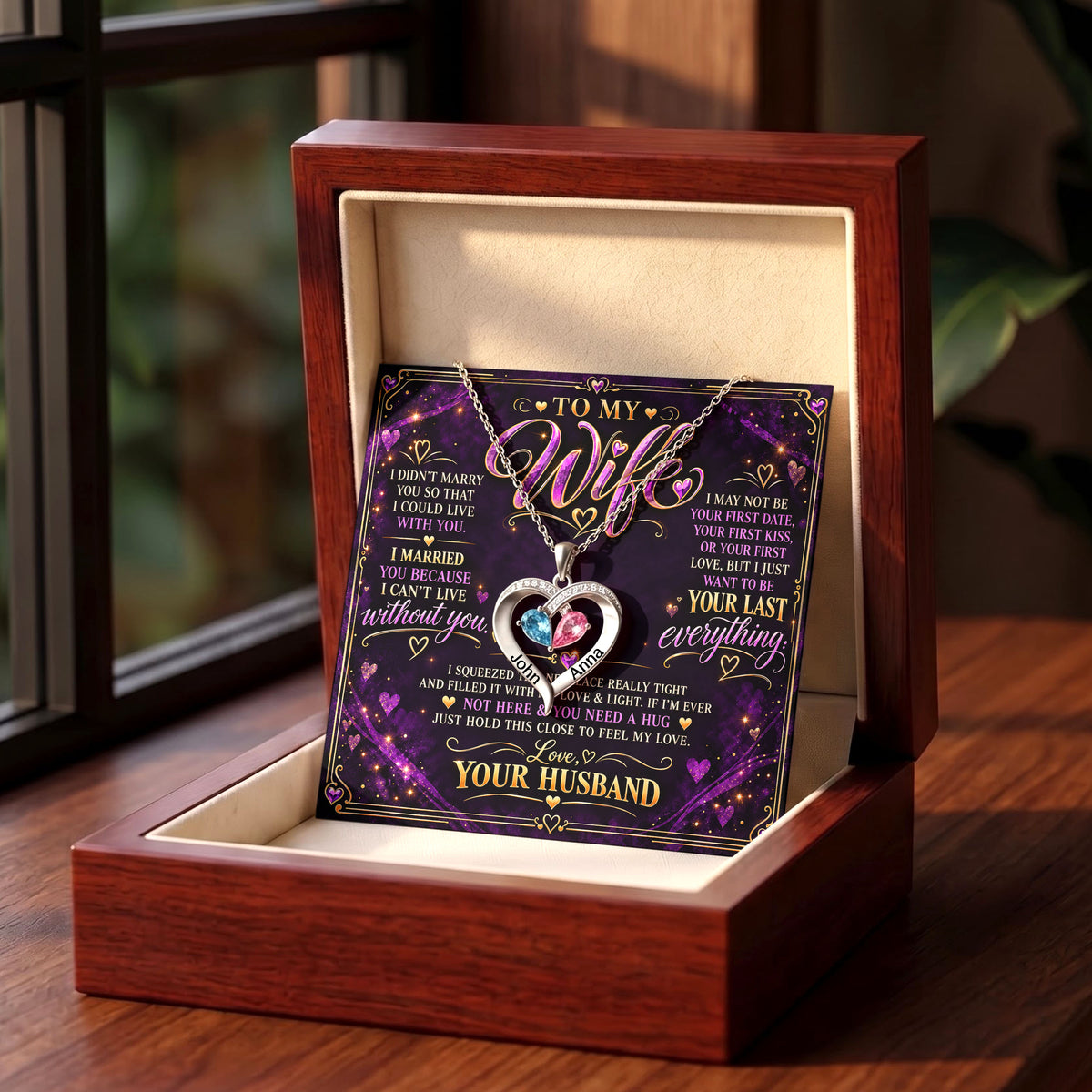 To My Wife Purple Birthstone Heart Necklace