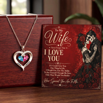 To My Wife Skull Birthstone Heart Necklace