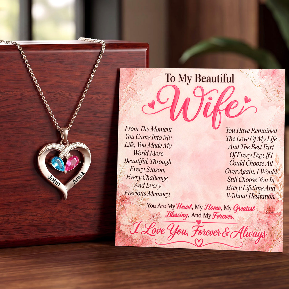 To My Beautiful Wife Birthstone Heart Necklace