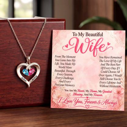 To My Beautiful Wife Birthstone Heart Necklace
