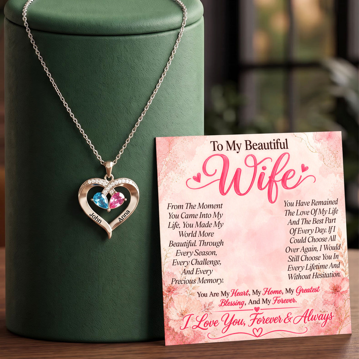 To My Beautiful Wife Birthstone Heart Necklace