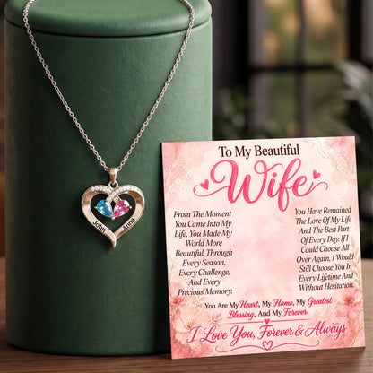 To My Beautiful Wife Birthstone Heart Necklace