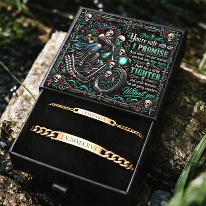 I Promise Biker Skeleton Engraved Couples Bracelets