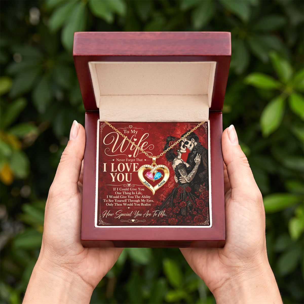 To My Wife Skull Birthstone Heart Necklace