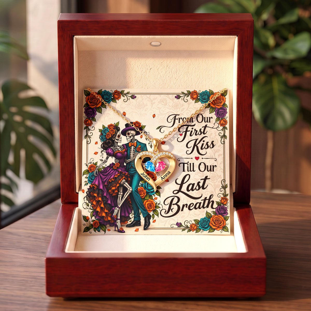 From Our First Kiss Skeleton Birthstone Heart Necklace