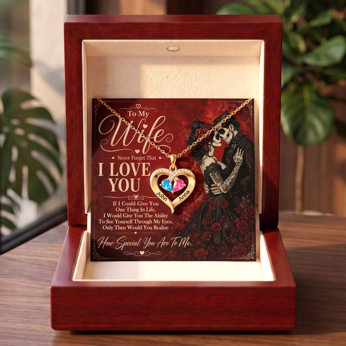 To My Wife Skull Birthstone Heart Necklace