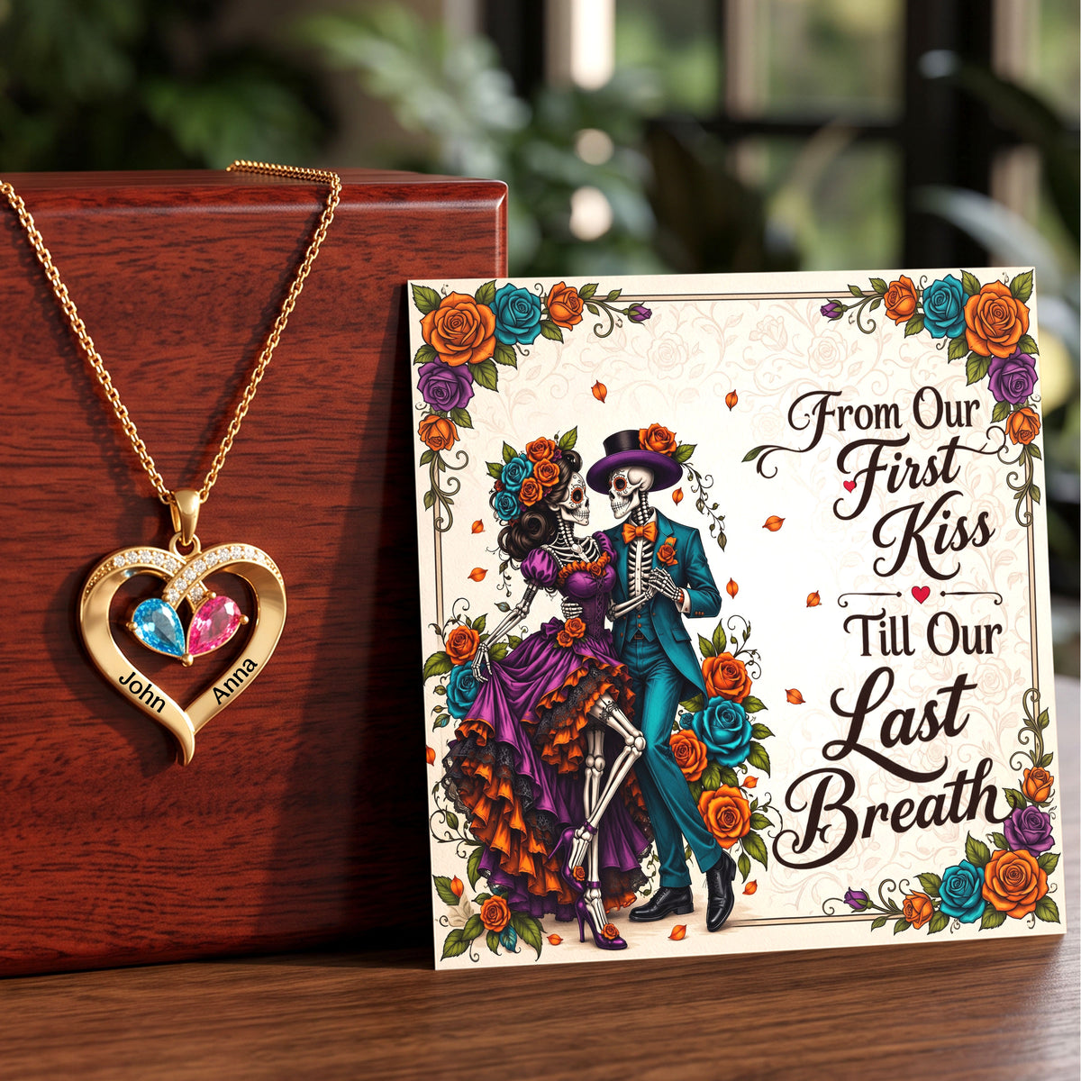 From Our First Kiss Skeleton Birthstone Heart Necklace