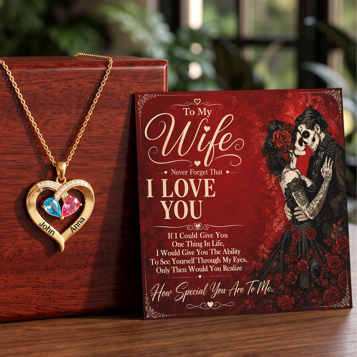 To My Wife Skull Birthstone Heart Necklace