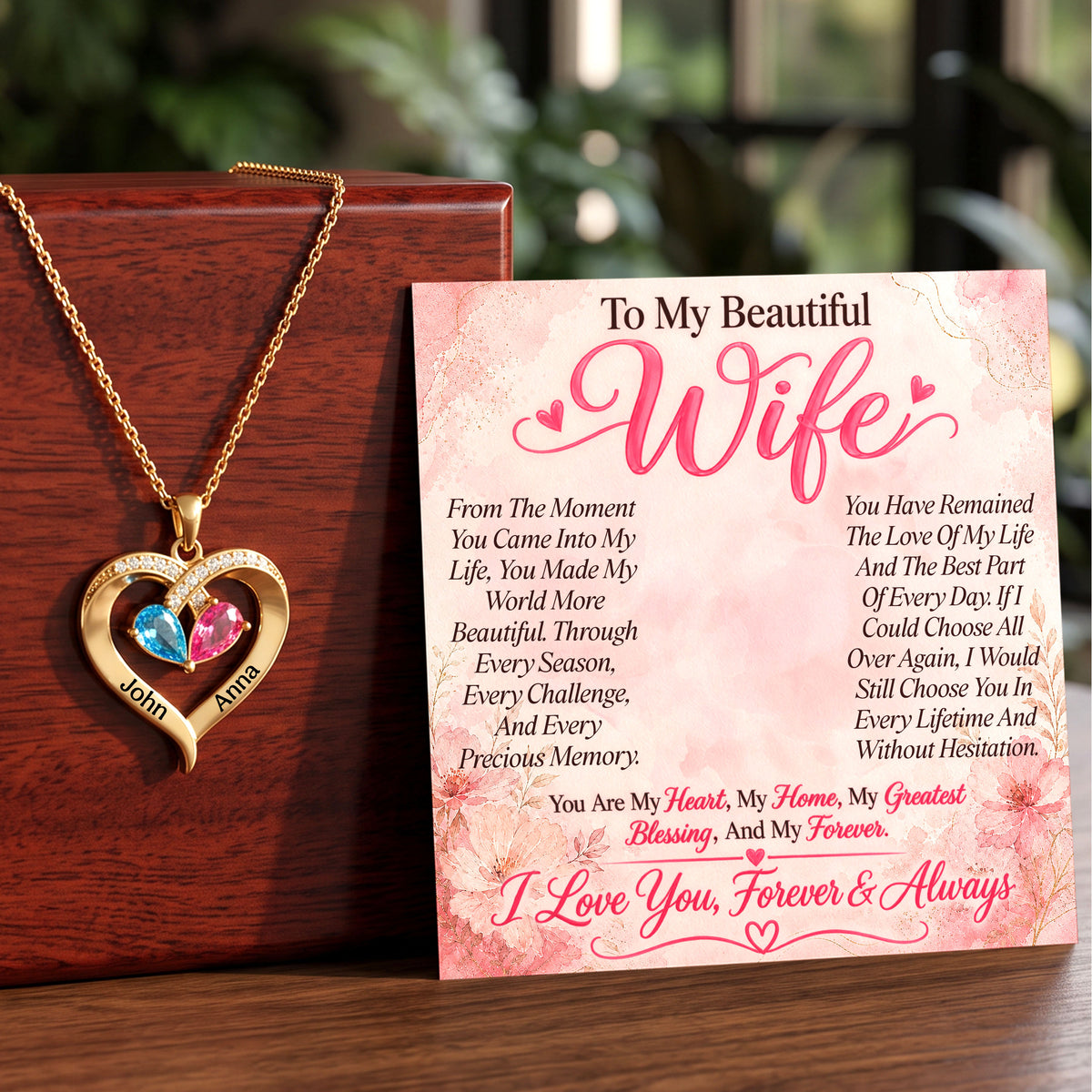 To My Beautiful Wife Birthstone Heart Necklace