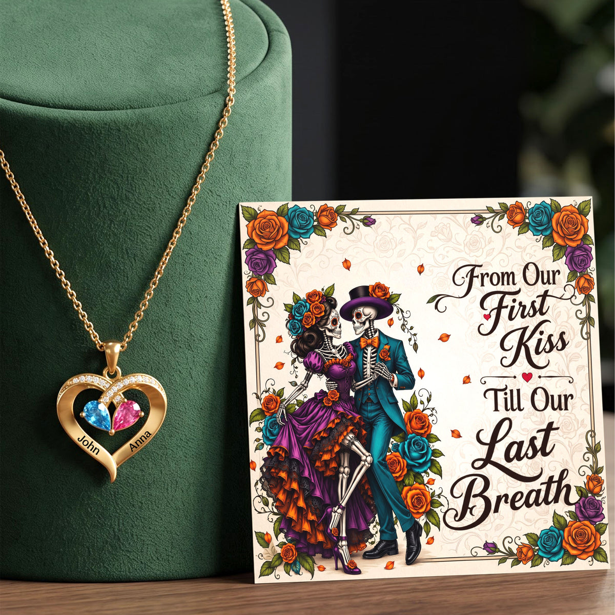 From Our First Kiss Skeleton Birthstone Heart Necklace