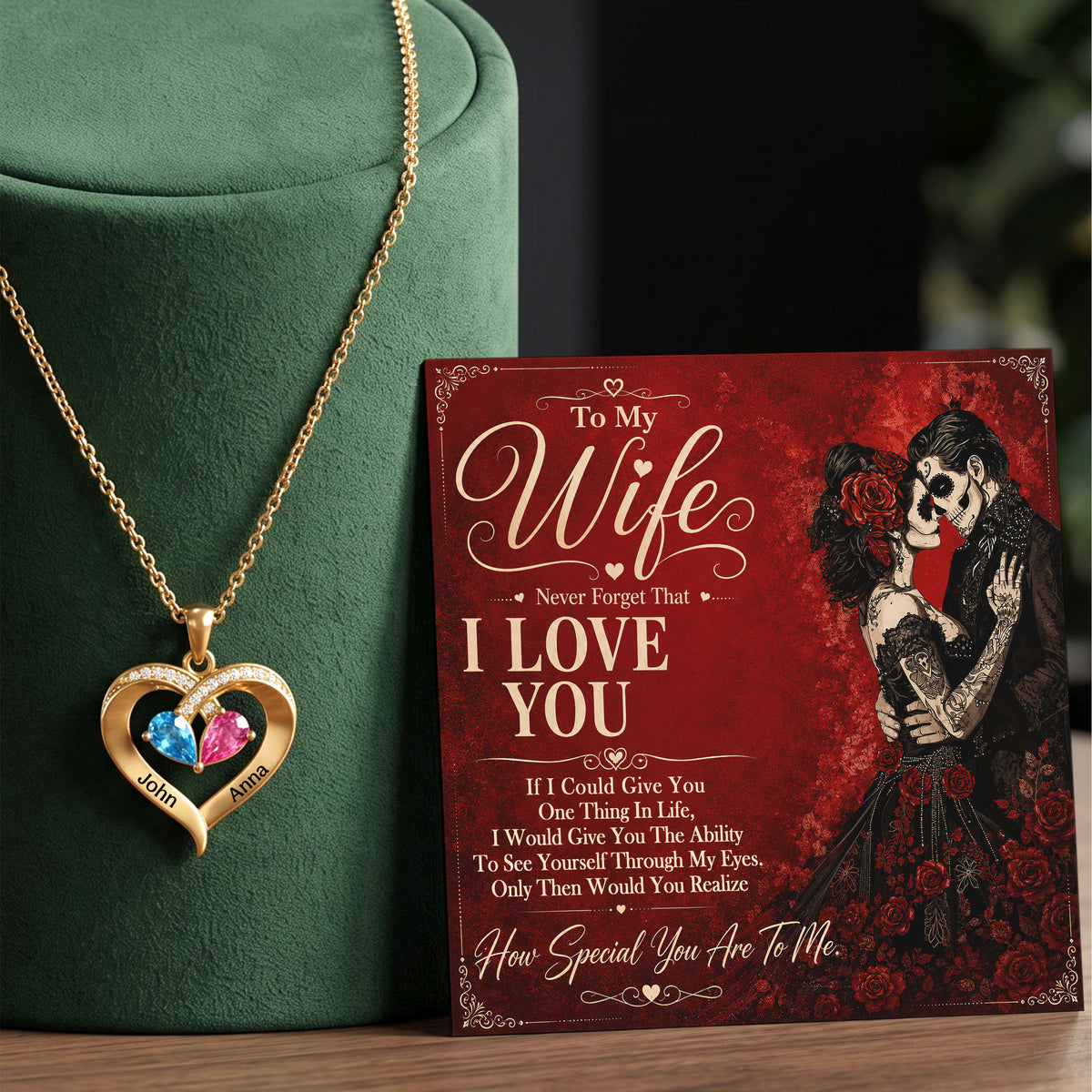 To My Wife Skull Birthstone Heart Necklace