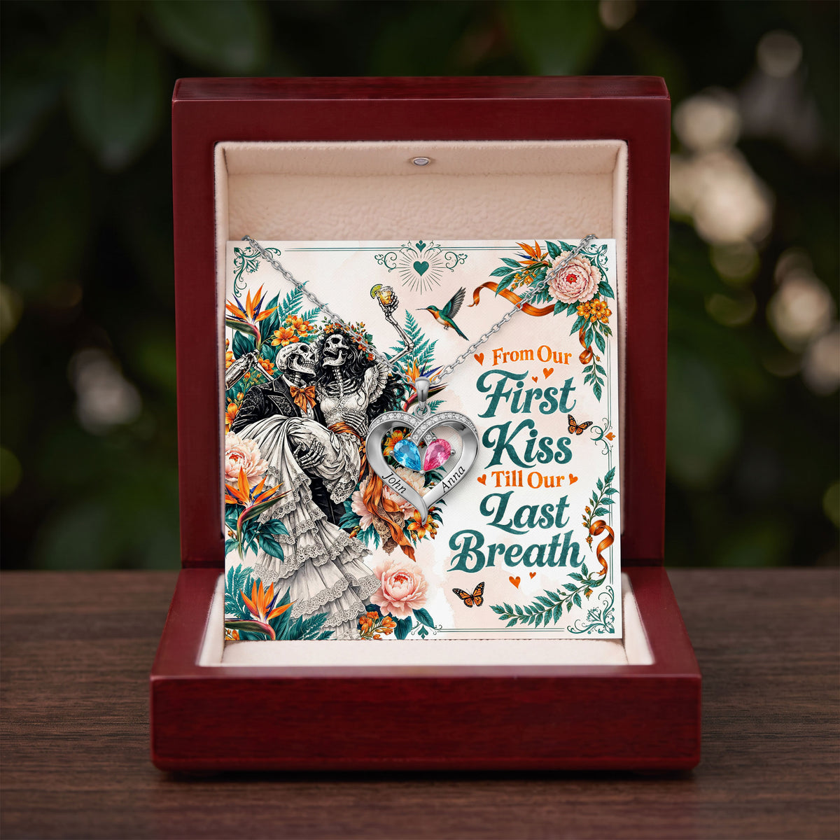 From Our First Kiss Skeleton Birthstone Heart Necklace