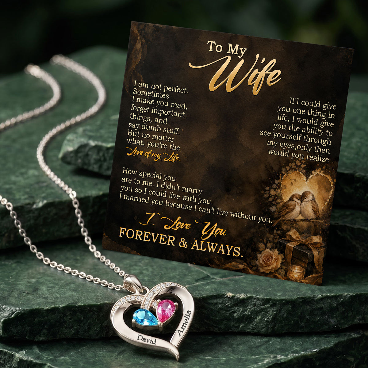To My Wife - Birthstone Heart Necklace