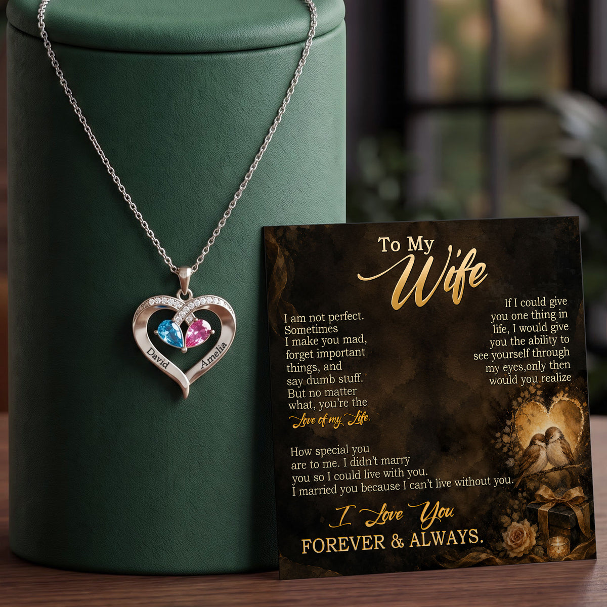 To My Wife - Birthstone Heart Necklace