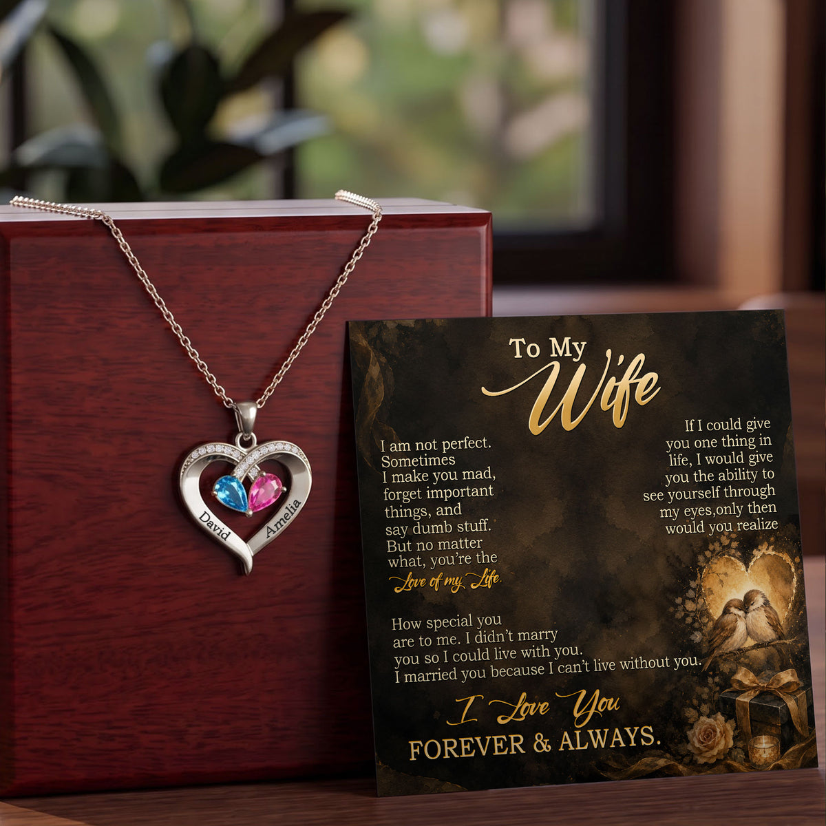 To My Wife - Birthstone Heart Necklace
