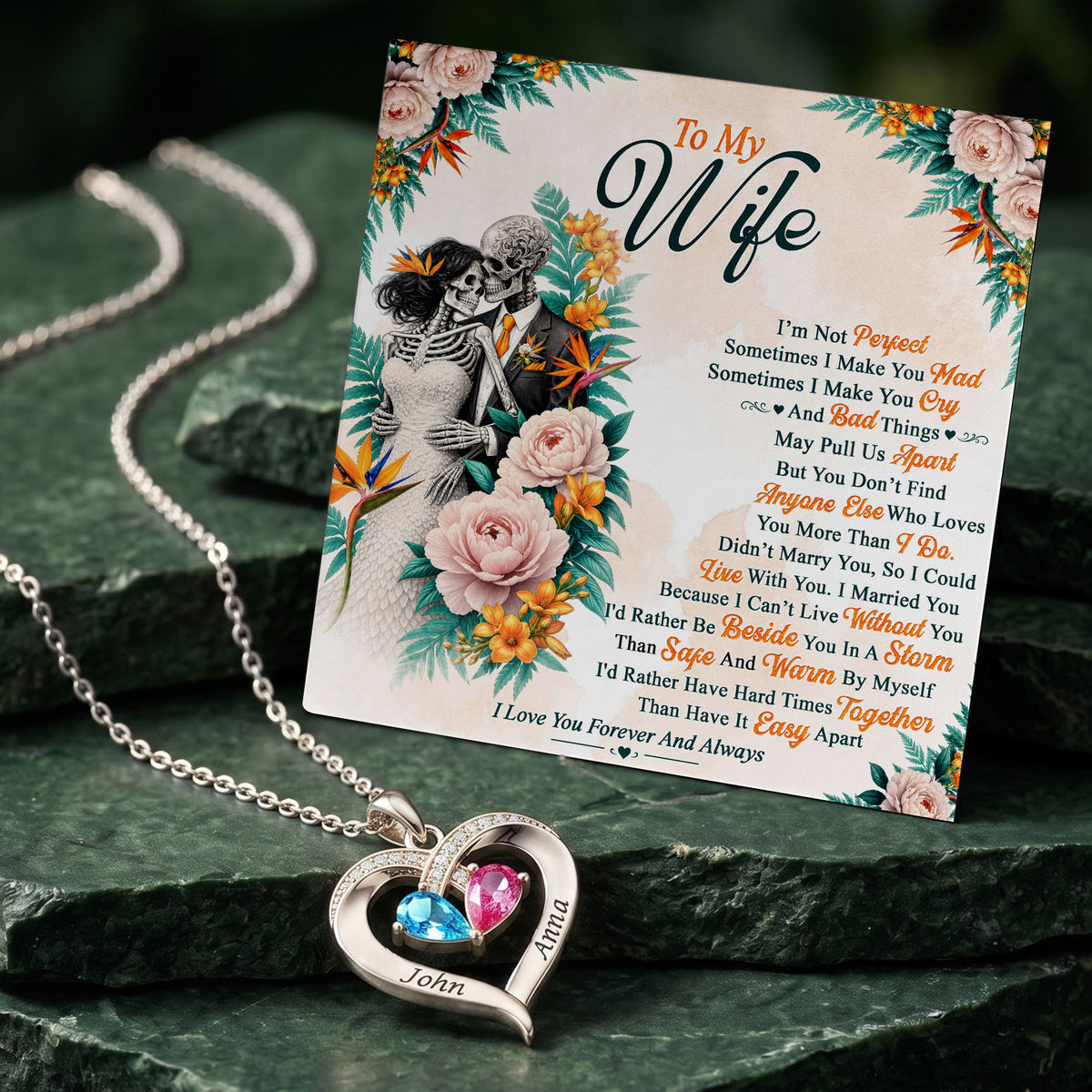 Love You Forever Skeleton Birthstone Heart Necklace