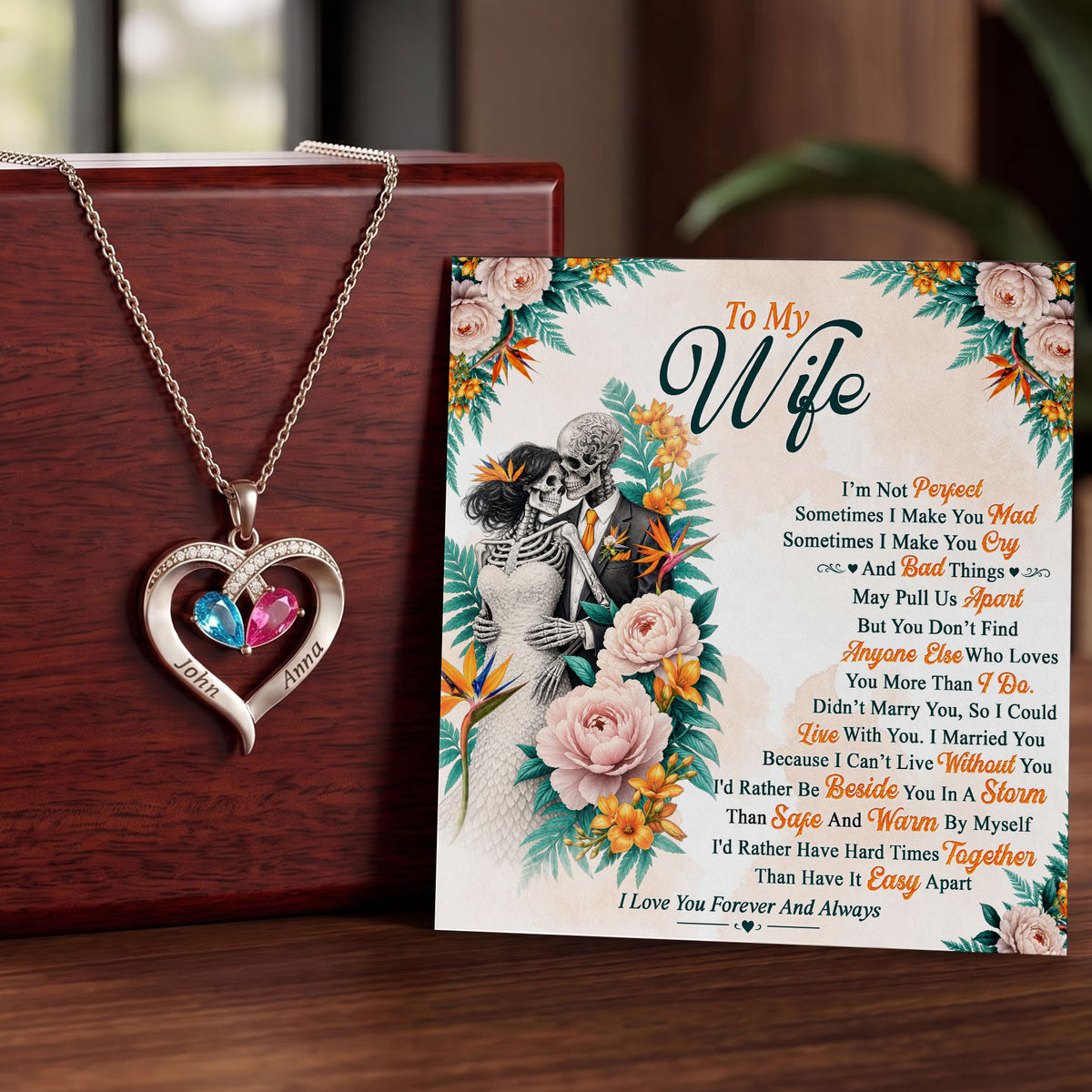 Love You Forever Skeleton Birthstone Heart Necklace