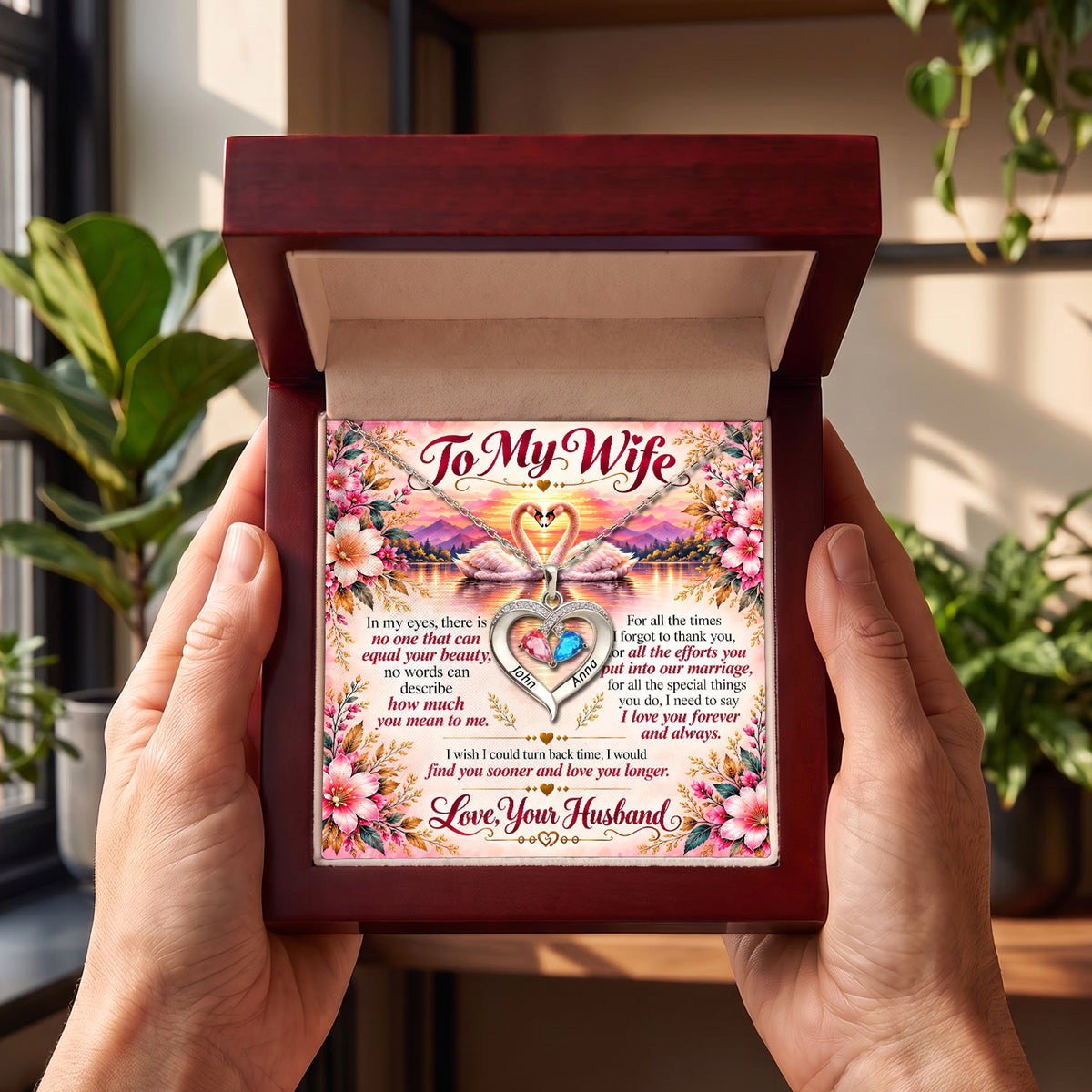 To My Wife Eternal Love Swans Birthstone Heart Necklace