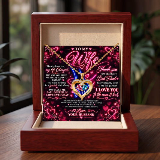 Neon Love To My Wife Birthstone Heart Necklace