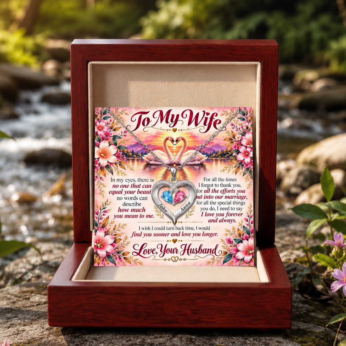 To My Wife Eternal Love Swans Birthstone Heart Necklace