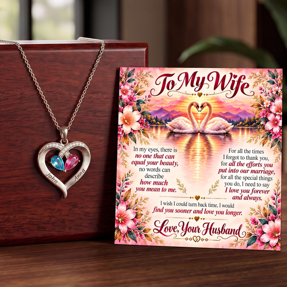 To My Wife Eternal Love Swans Birthstone Heart Necklace