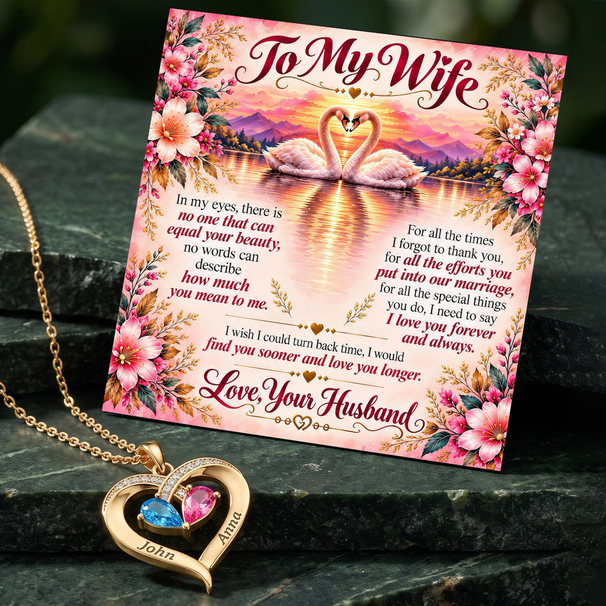 To My Wife Eternal Love Swans Birthstone Heart Necklace