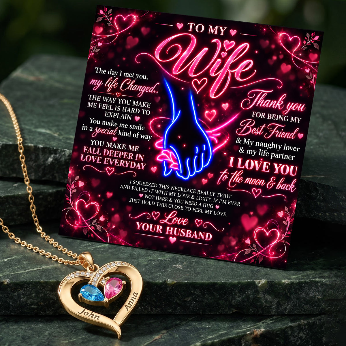 Neon Love To My Wife Birthstone Heart Necklace