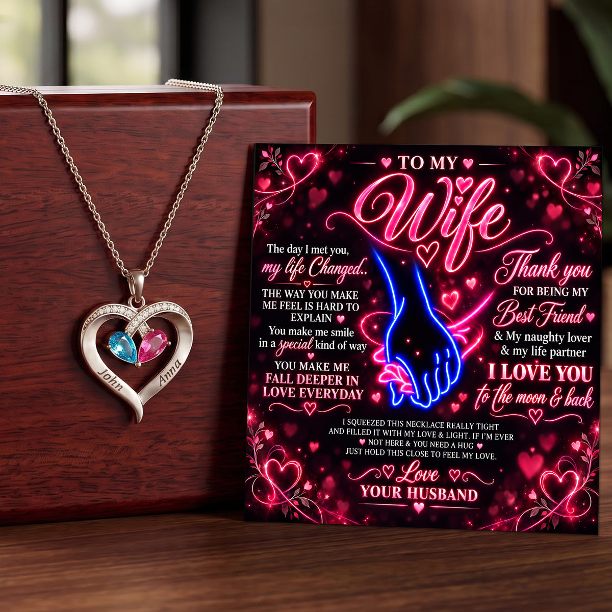 Neon Love To My Wife Birthstone Heart Necklace