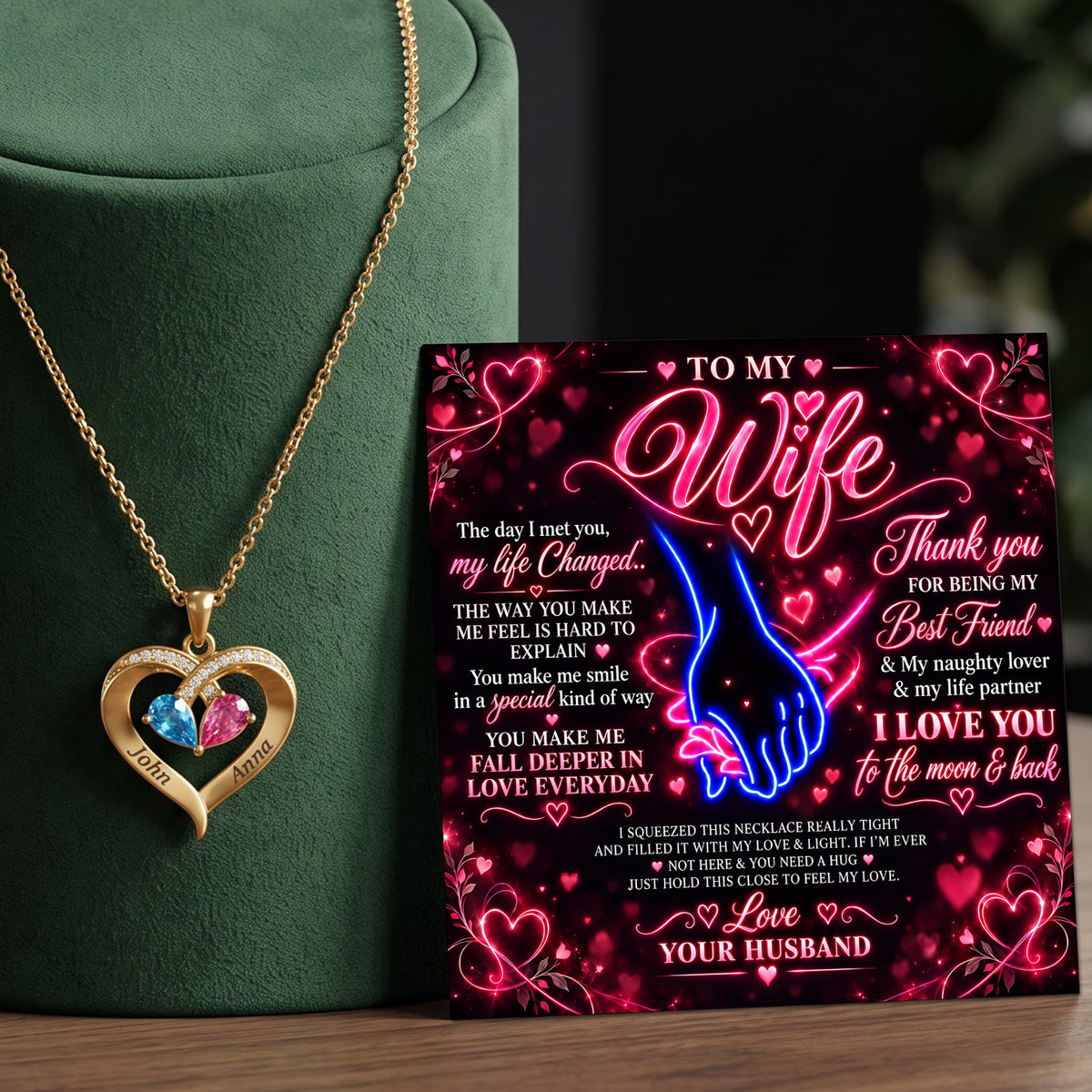 Neon Love To My Wife Birthstone Heart Necklace