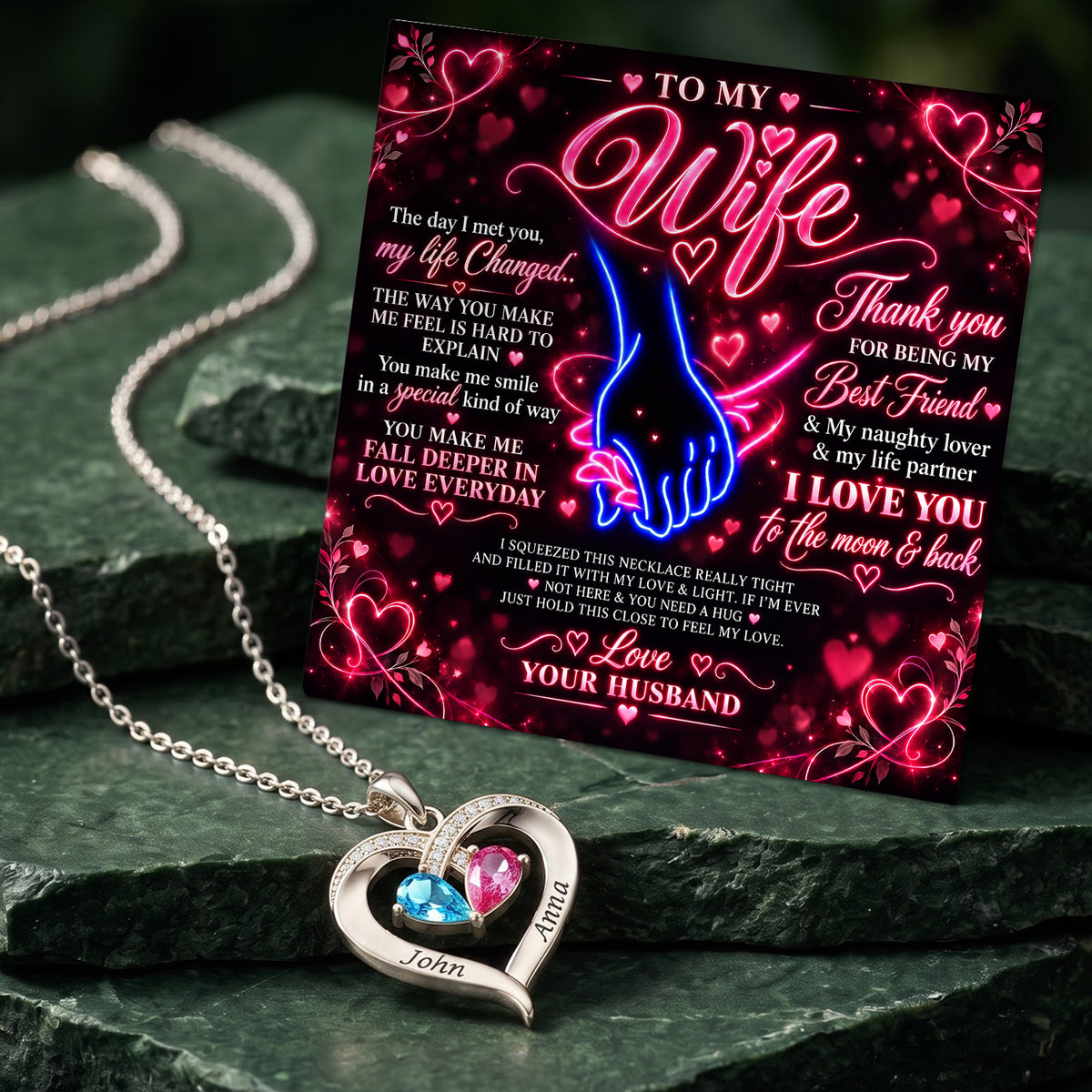 Neon Love To My Wife Birthstone Heart Necklace
