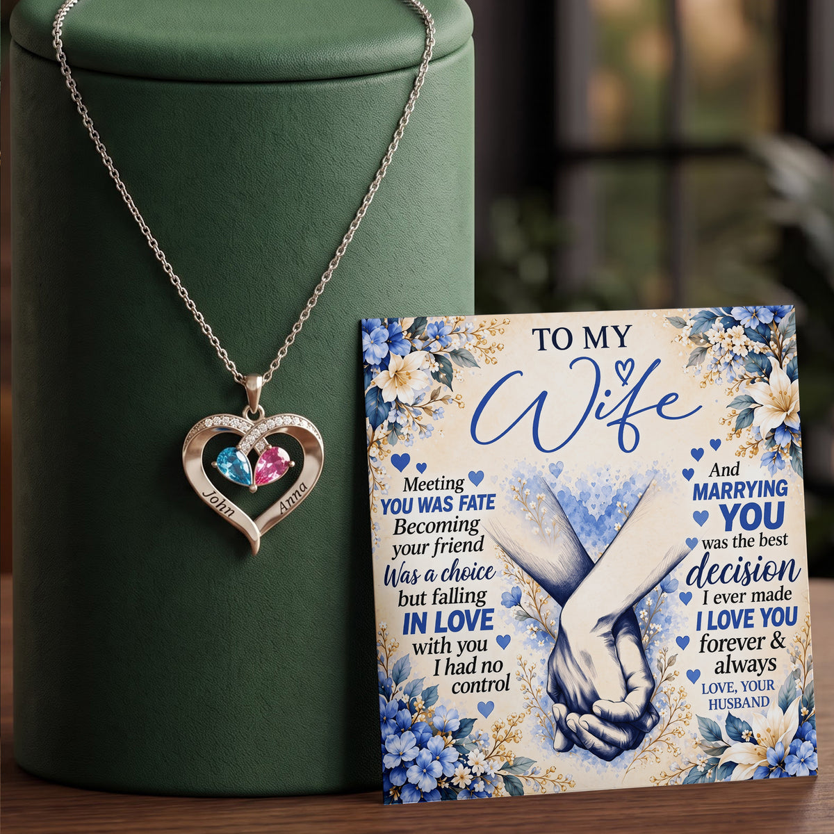 To My Wife Forever Intertwined Birthstone Heart Necklace