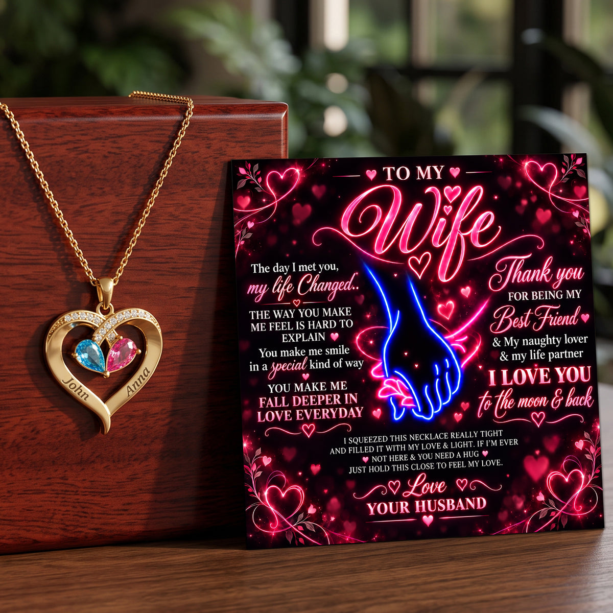 Neon Love To My Wife Birthstone Heart Necklace