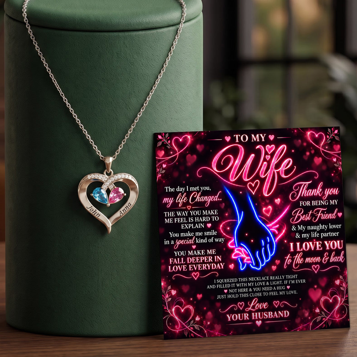 Neon Love To My Wife Birthstone Heart Necklace