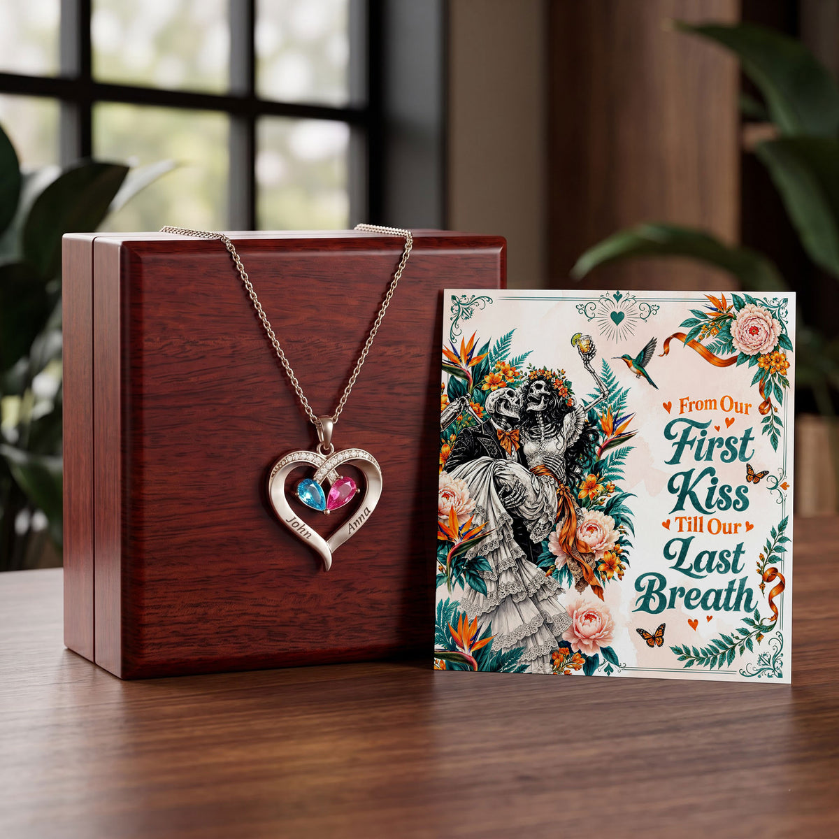 From Our First Kiss Skeleton Birthstone Heart Necklace